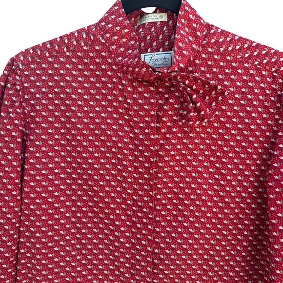 Foxcroft Vintage Womens Red White Button-Up Bow Detail Balloon Sleeve Blouse - Picture 2 of 10